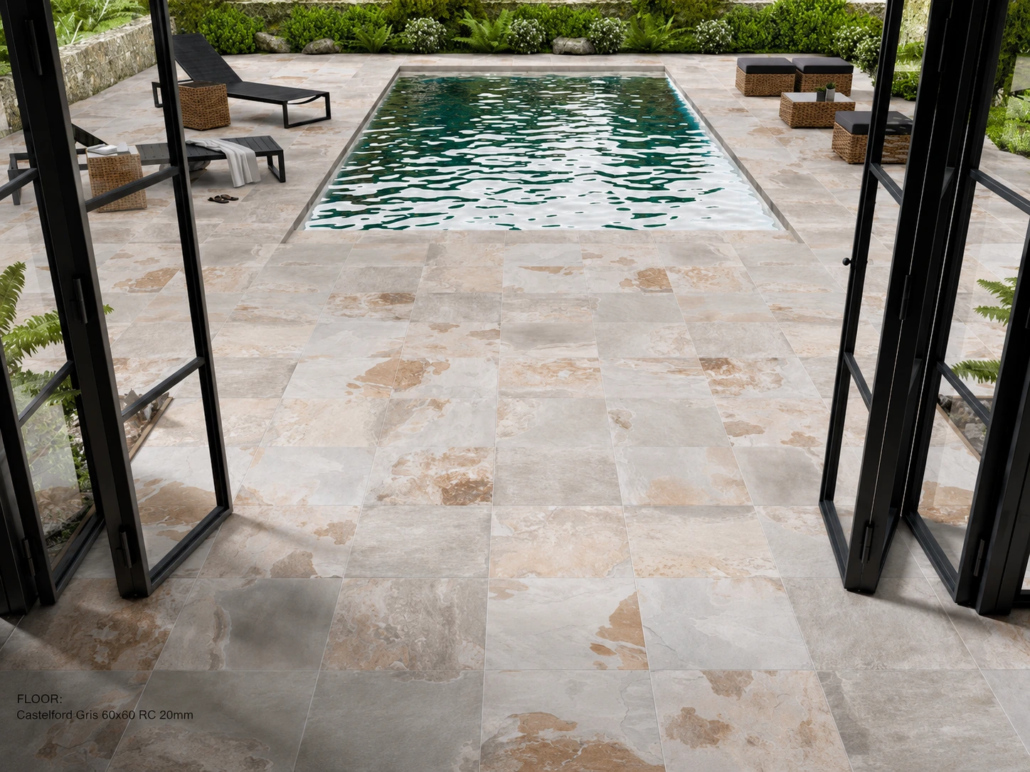 Piscina con solárium revestido en porcelánico Castelford Gris.