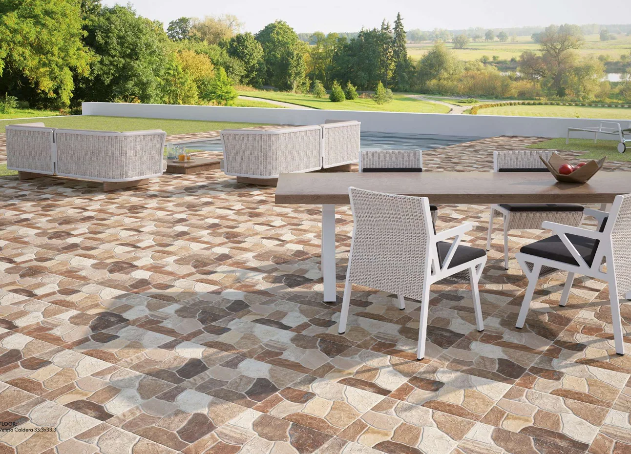 Terraza exterior revestida con porcelánico Aparici.