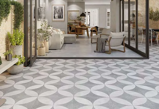 Revestimiento símil piedra gris con pared espina de pez
