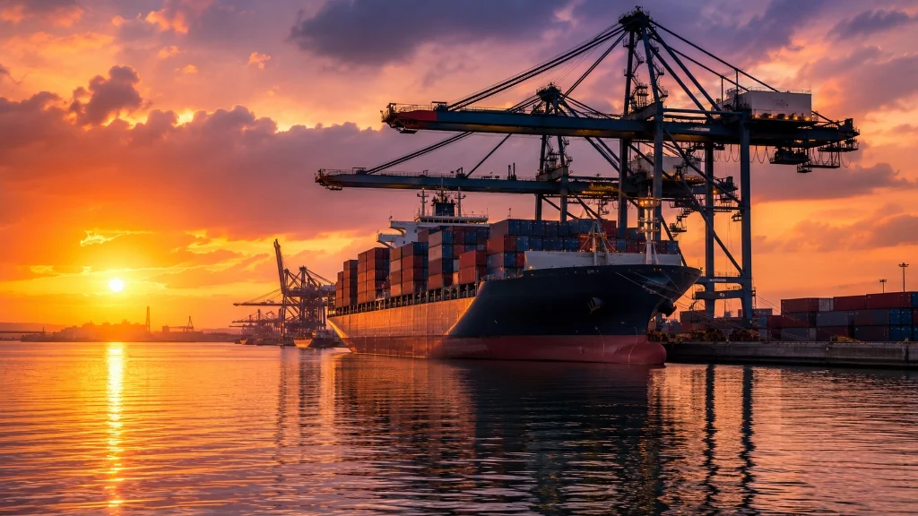 Massive container ship docked at a port terminal during a vibrant sunset with harbor cranes silhouette