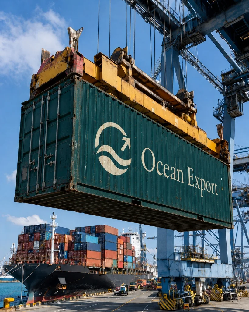 Crane lifting a green container with Ocean Export logo at a shipping port