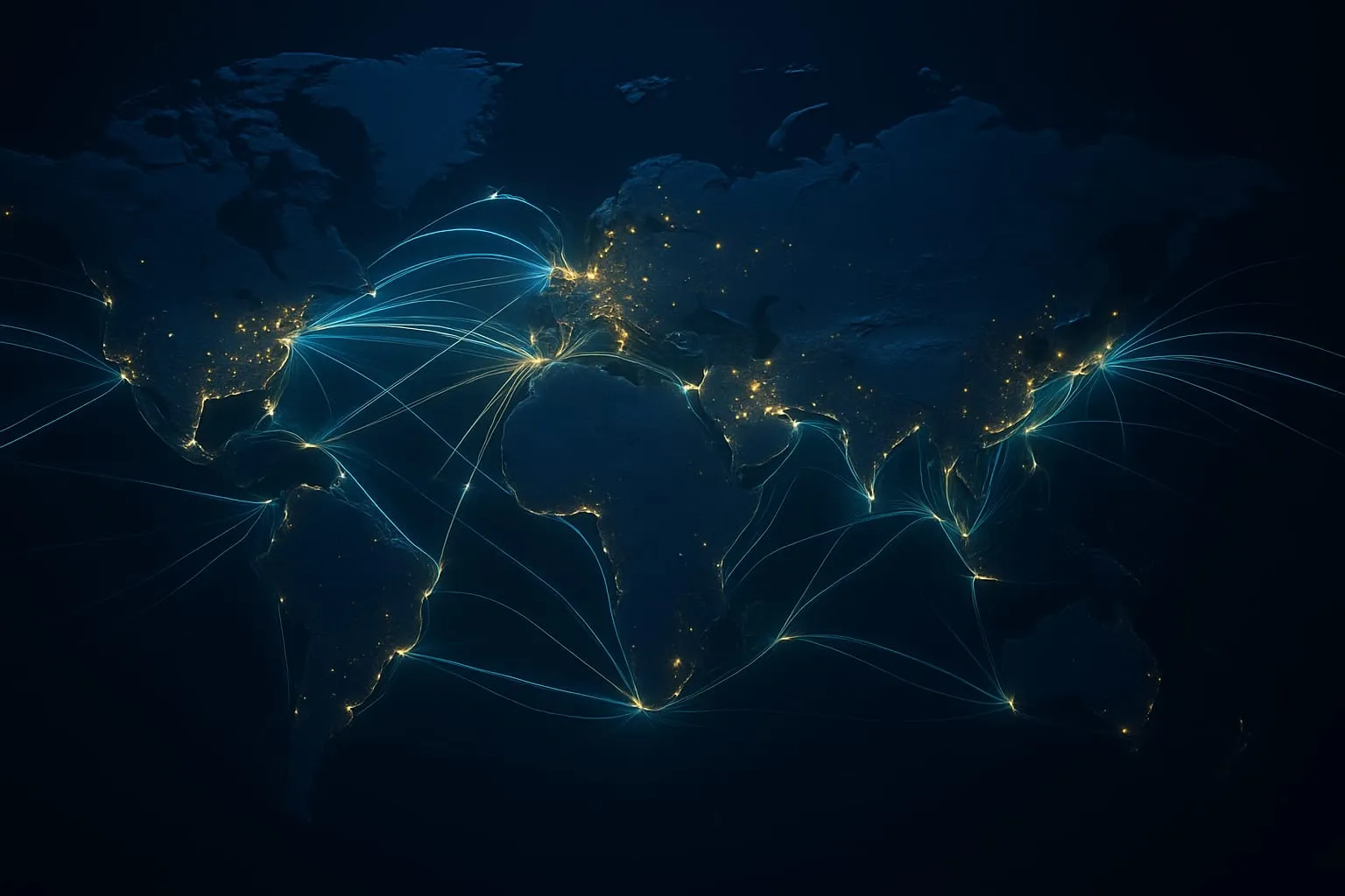 Mapa mundi nocturno con rutas globales de comercio internacional iluminadas