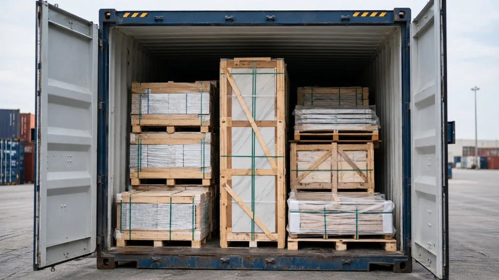 Open shipping container doors showing neatly stacked boxes of porcelain tiles on wooden pallets ready for export