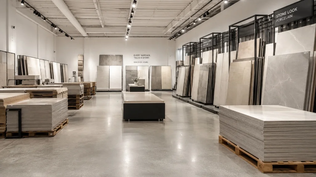 Neatly organized pallets of premium porcelain tiles inside a modern architectural showroom