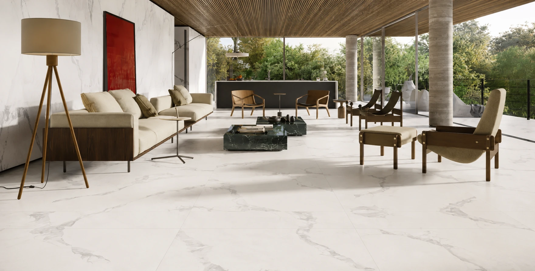 Terraza exterior con porcelánico símil madera conectada a un living interior.