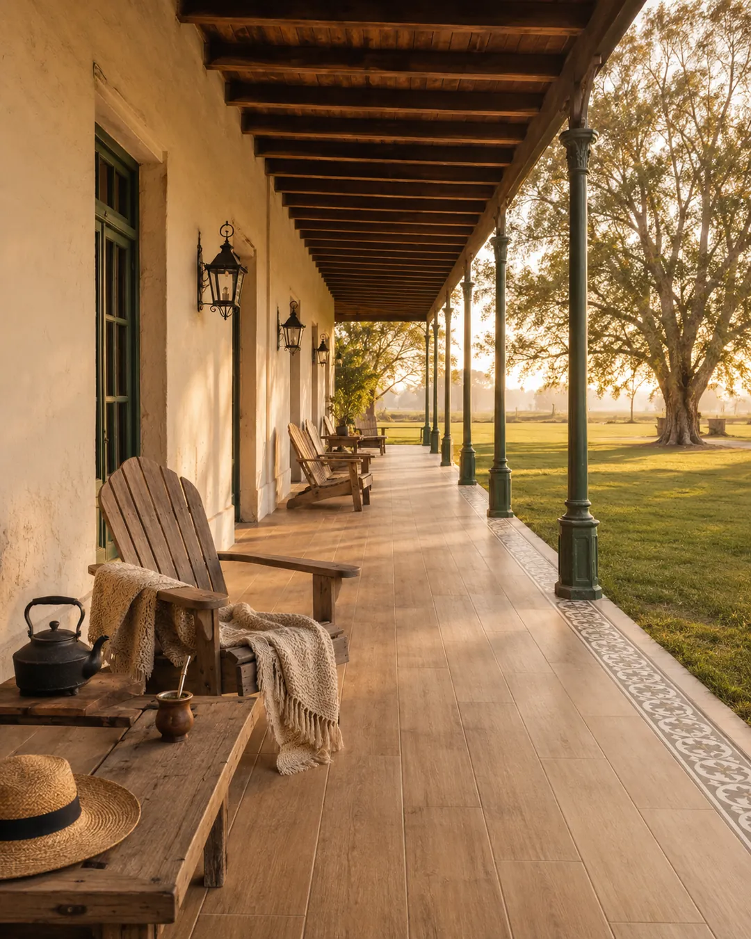 Galería exterior con porcelánico símil madera y guarda calcárea, con vista al campo al atardecer.