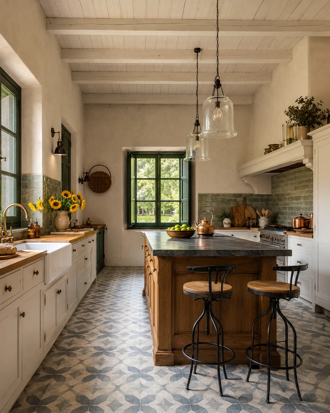 Cocina de campo con piso porcelánico calcáreo, isla de madera y alacenas blancas.