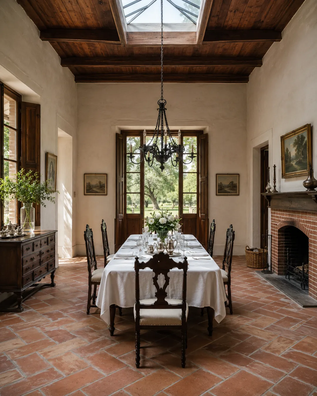 Comedor principal con piso porcelánico símil ladrillo y araña de hierro forjado.