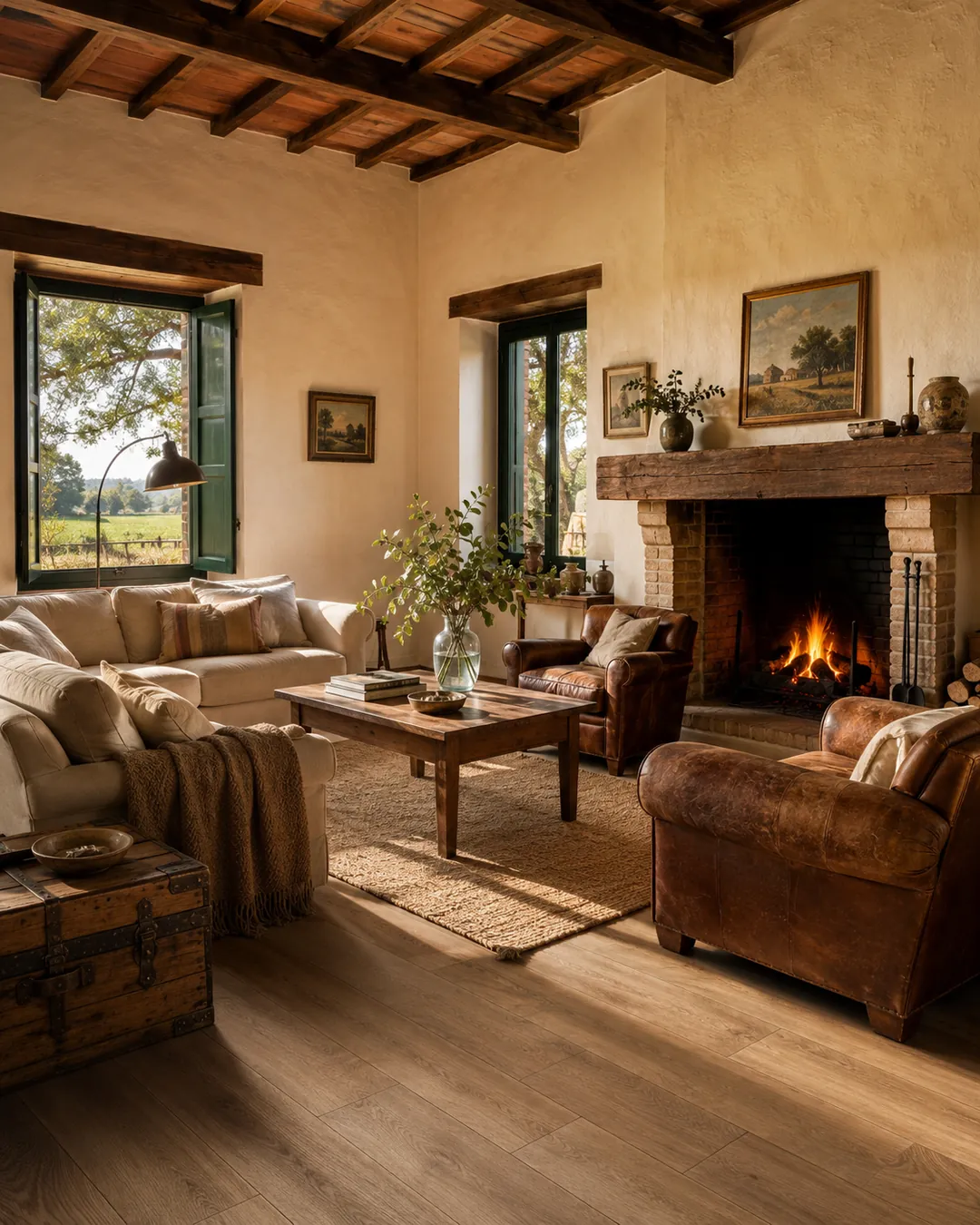 Living con piso porcelánico símil madera, hogar a leña y muebles clásicos.