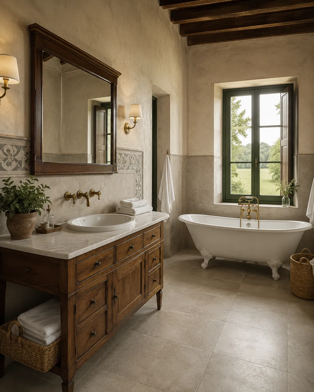 Baño con porcelánico símil piedra, guarda decorativa y bañera de época.